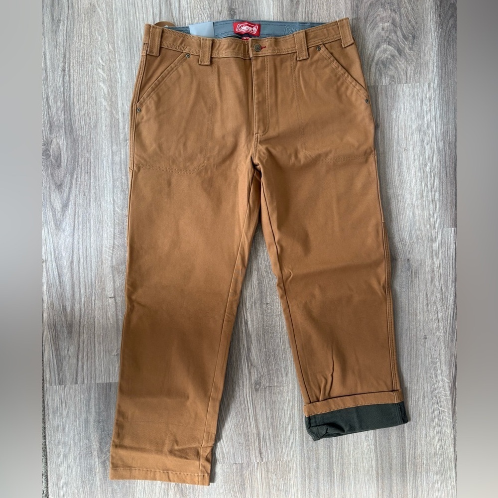 NWT Mens Coleman Canvas Fleece Lined Utility Pants Dark Khaki Size 38x32 - Picture 3 of 8